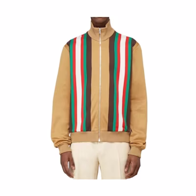 Gucci SS23 Striped Knit Zip Jacket for Men Khaki 615731-XJCFQ-2195