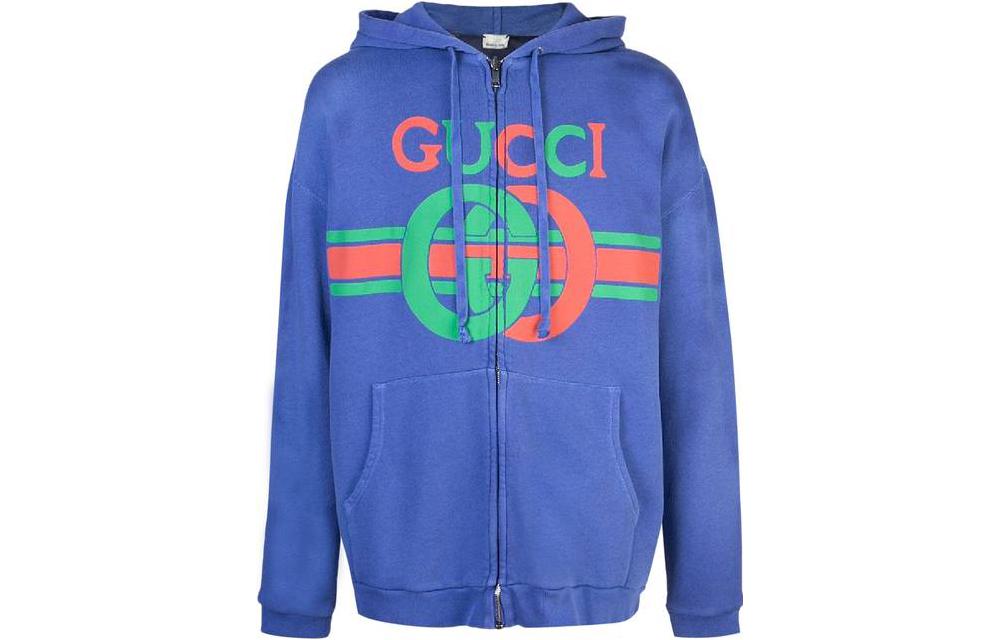 Gucci SS23 Striped Logo Print Drawstring Zip Hoodie Blue () 572765-XJA44-4804