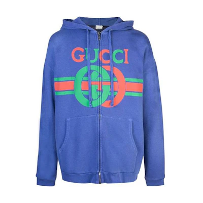 Gucci SS23 Striped Logo Print Drawstring Zip Hoodie Blue () 572765-XJA44-4804