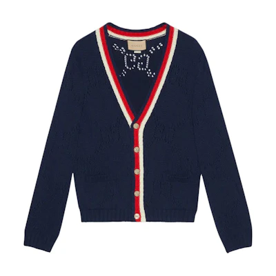 Gucci SS23 Striped Print Button-Up Knit Sweater Navy Blue 740503-XKC4L-4804