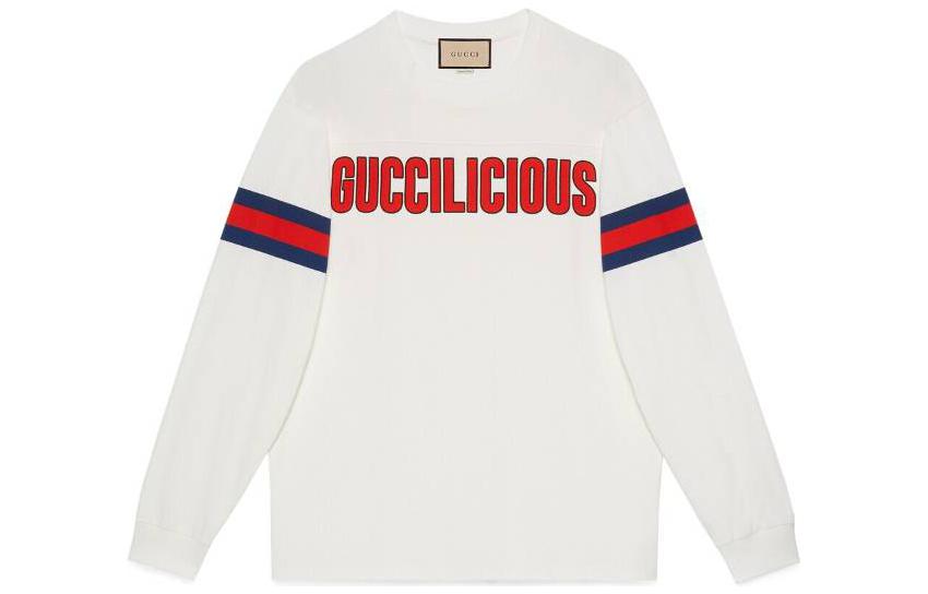 Gucci SS23 White Striped Logo Print Long-Sleeve Sweatshirt for Men 738836-XJFDI-9095