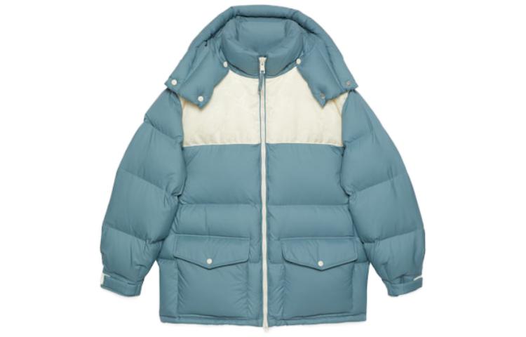 GUCCI SS24  Blue Logo Patchwork Hooded Down Jacket. 762558-Z8BNG-1121