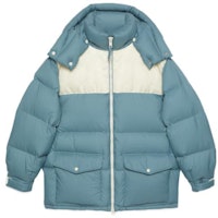 GUCCI SS24 Blue Logo Patchwork Hooded Down Jacket. 762558-Z8BNG-1121 GUCCI SS24 Blue Logo Patchwork Hooded Down Jacket. 762558-Z8BNG-1121