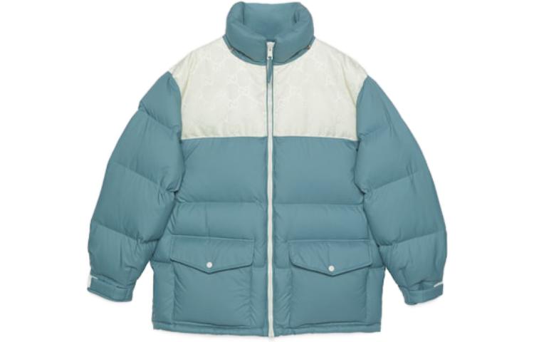 Lookbook GUCCI SS24 藍色標誌拼接連帽羽絨外套。 762558-Z8BNG-1121