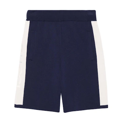 GUCCI SS24 Blue Mid-Waist Straight-Leg Shorts with Embroidered Logo. 770782-XKDOM-4492
