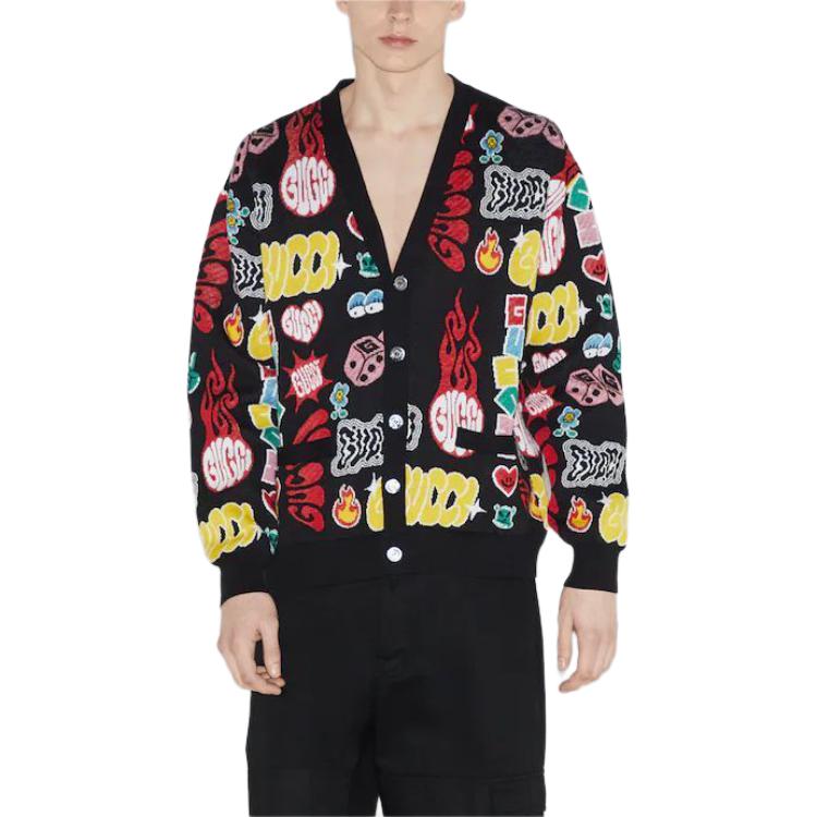 Shop GUCCI SS24 多色提花V領針織開衫. 785146-XKDZ3-1152