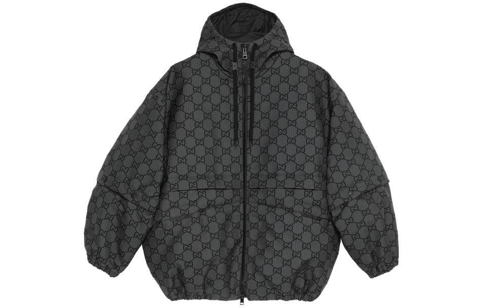 Gucci SS24 Black Jacket with Detachable Hood and All-Over Geometric Print 770275-Z8BNW-1071