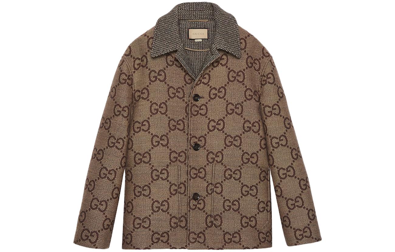 Gucci SS24 Brown Logo Print Long Sleeve Button-Up Jacket for Men 770760-ZAOEH-2118