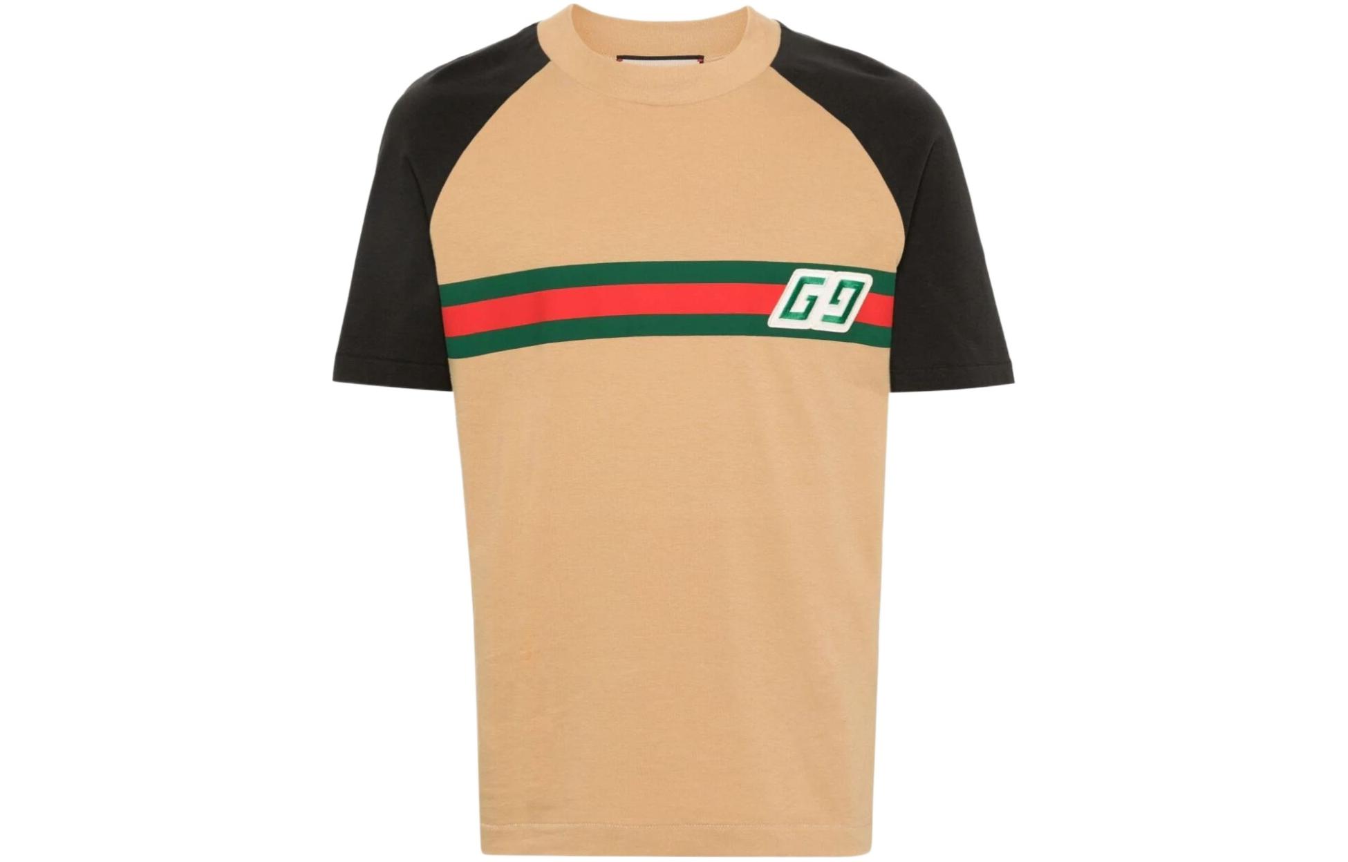 Gucci SS24 Caramel Brown Striped Letter Embroidery Short Sleeve Tee 768495-XJF3I-2185