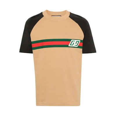 Gucci SS24 Caramel Brown Striped Letter Embroidery Short Sleeve Tee 768495-XJF3I-2185
