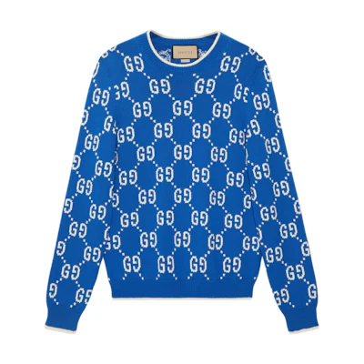 Gucci SS24 Cobalt Blue Logo Crewneck Knitted Sweater 694767-XKCDF-4559