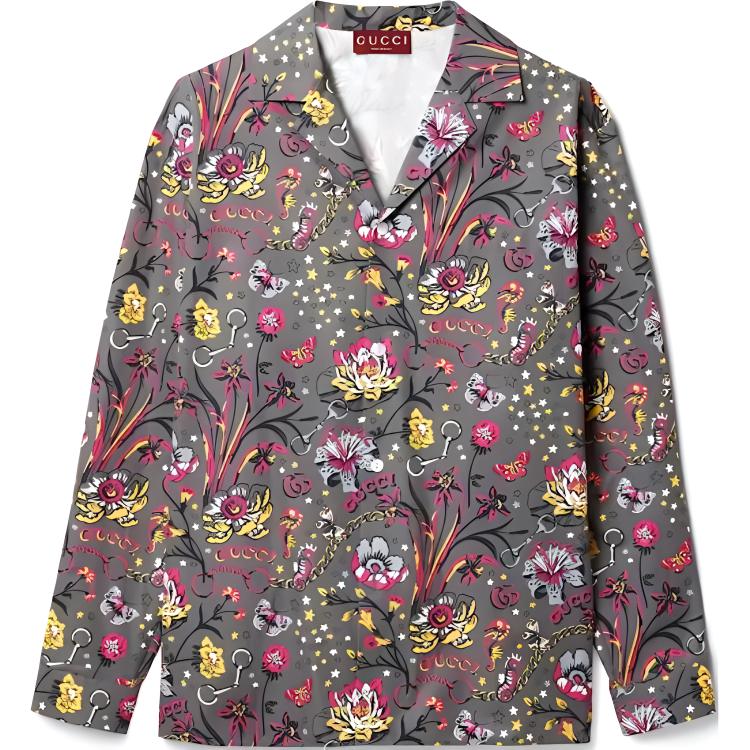 Gucci SS24 Floral Print Button-Down Shirt Gray Pink 795200-ZAQ82-1084