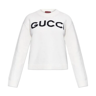 GUCCI SS24 Ivory Letter Embroidered Crewneck Long Sleeve Sweater Women. 770072-XKEBC-9207
