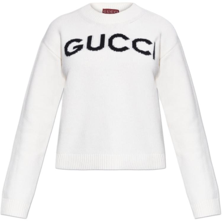 Order GUCCI SS24 Ivory Letter Embroidered Crewneck Long Sleeve Sweater Women. 770072-XKEBC-9207
