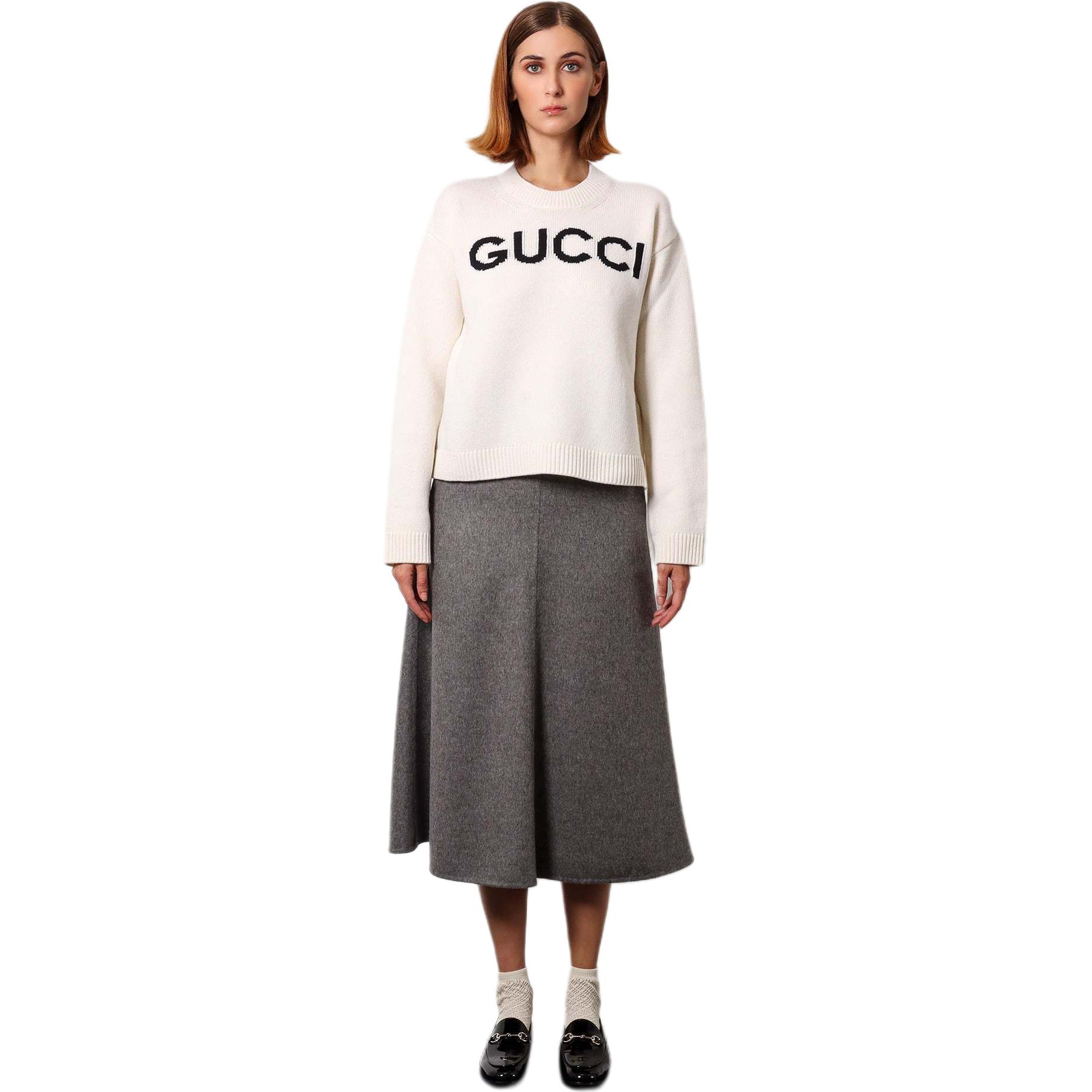 Details for GUCCI SS24 Ivory Letter Embroidered Crewneck Long Sleeve Sweater Women. 770072-XKEBC-9207