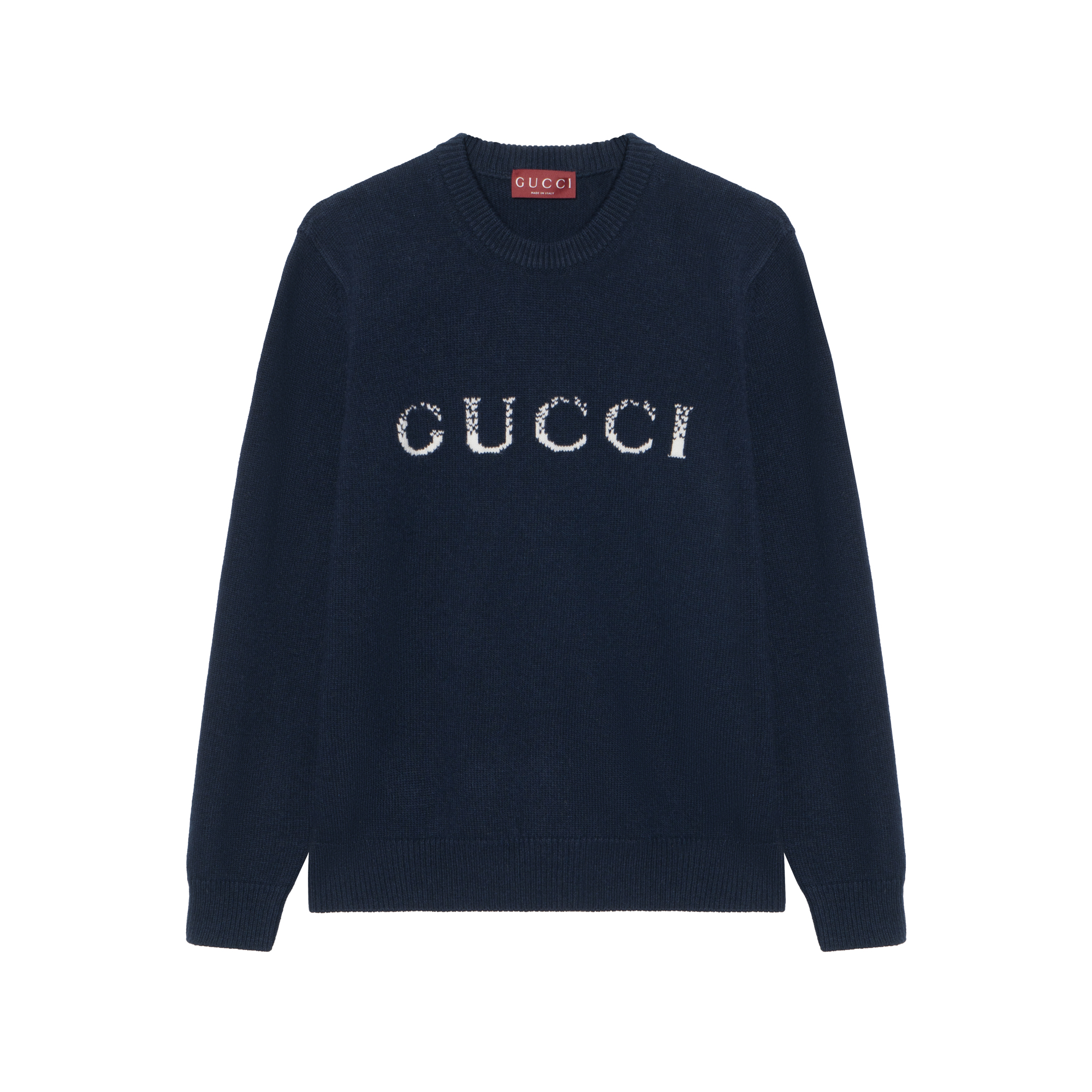 Gucci SS24 Logo Intarsia Crewneck Sweater - Dark Blue 795834-XKD7K-4594