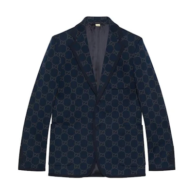 Gucci SS24 Navy Blue Monogram Single-Breasted Long Sleeve Jacket 770398-ZAO35-4544