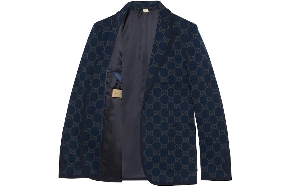 Lookbook Gucci SS24 Navy Blue Monogram Single-Breasted Long Sleeve Jacket 770398-ZAO35-4544