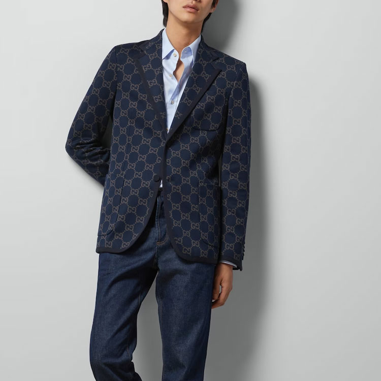 Shop Gucci SS24 Navy Blue Monogram Single-Breasted Long Sleeve Jacket 770398-ZAO35-4544