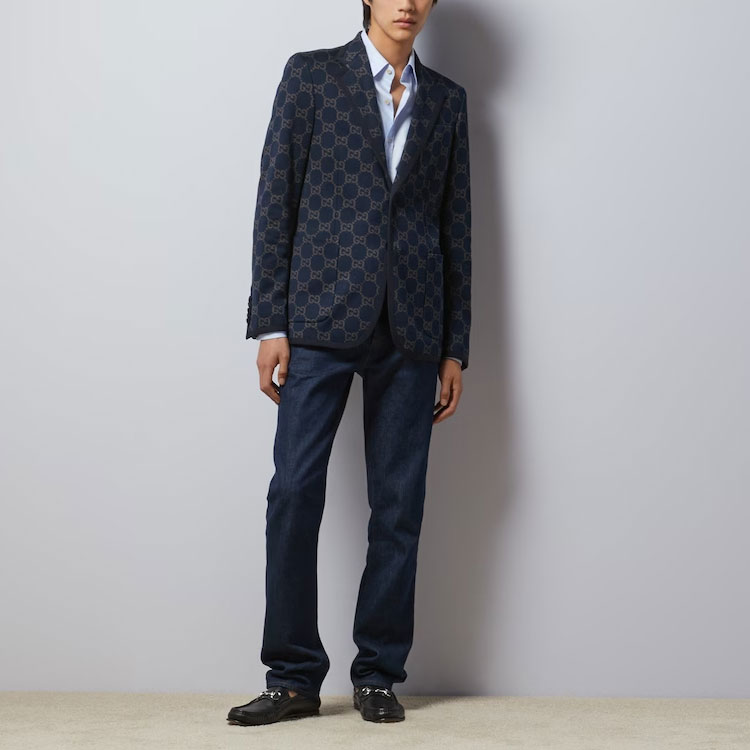 Purchase Gucci SS24 Navy Blue Monogram Single-Breasted Long Sleeve Jacket 770398-ZAO35-4544