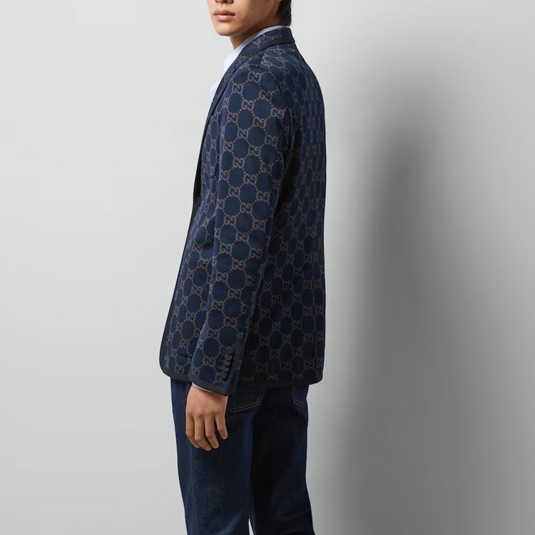 Details for Gucci SS24 Navy Blue Monogram Single-Breasted Long Sleeve Jacket 770398-ZAO35-4544
