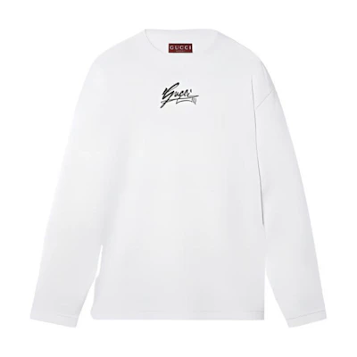 Gucci SS24 White Long Sleeve Tee with Handwritten Logo Print for Men 784364-XJGQU-9074