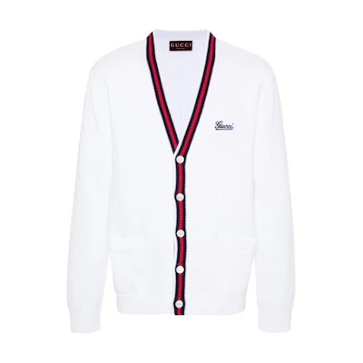 GUCCI SS24 White Loose-Fit Knit Cardigan with Logo Embroidery 795826-XKD7M