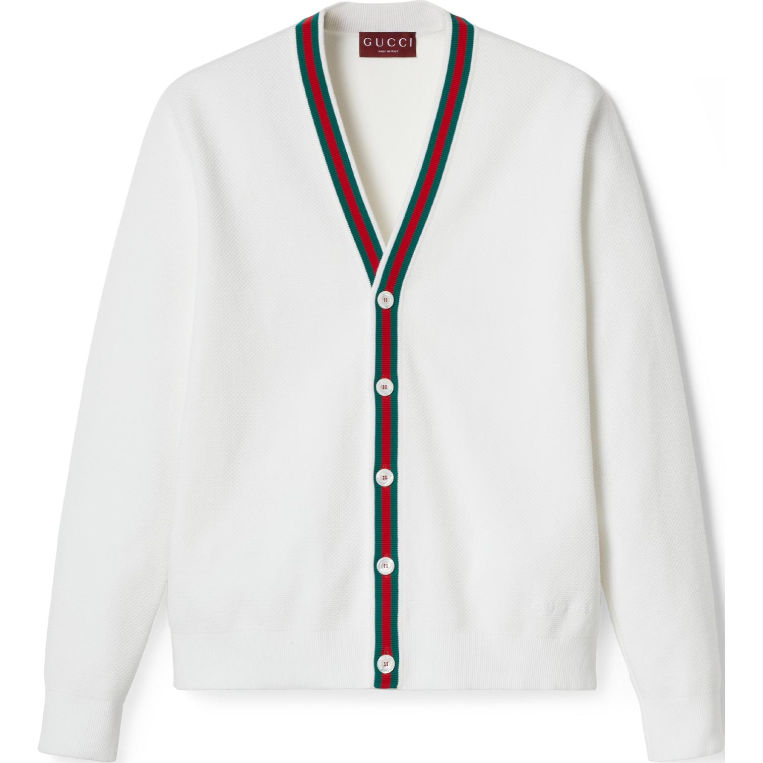 Gucci SS24 White V-neck Cardigan with Stripe Band Logo Embroidery 797163-XKD77-9060