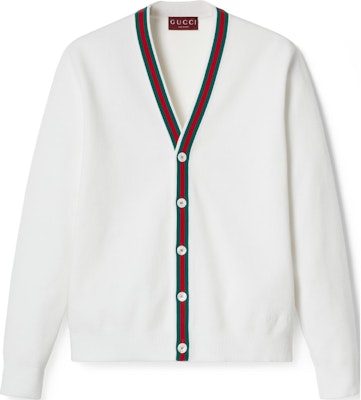 Gucci SS24 白色V領開衫 條紋拼帶Logo刺繡 797163-XKD77-9060 Buy Gucci SS24 白色V領開衫 條紋拼帶Logo刺繡 797163-XKD77-9060