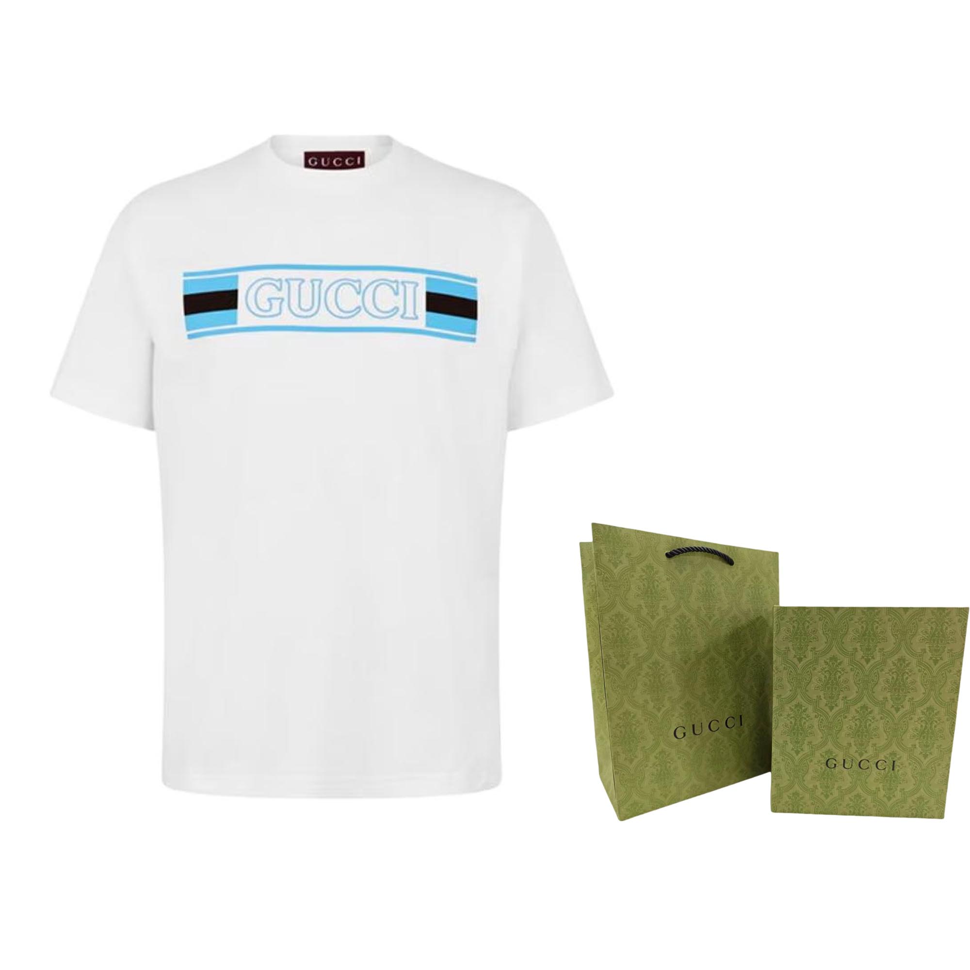 Purchase GUCCI SS25 Printed Knit Cotton Short Sleeve T-Shirt White Mens. 796395-XJG3P