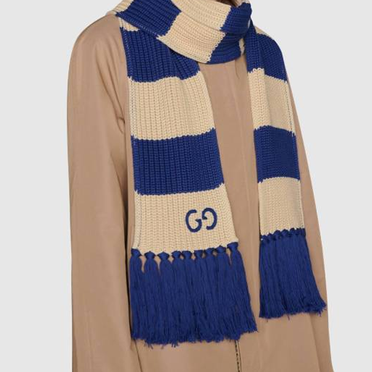 GUCCI Stripe GG Pattern Silk Modal Scarf Unisex Couple Style Blue/Khaki 6558244G111 圖 4