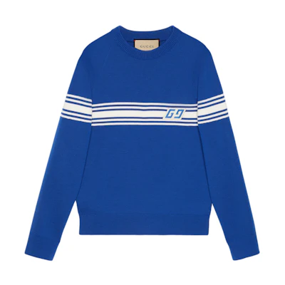 Gucci Striped Embroidered Crewneck Sweater Dodger Blue for Men 763398-XKDO1-4713
