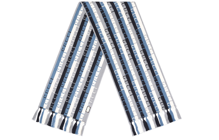 GUCCI Striped Fringed Wool Scarf Unisex Blue 634166-3GD91-4969