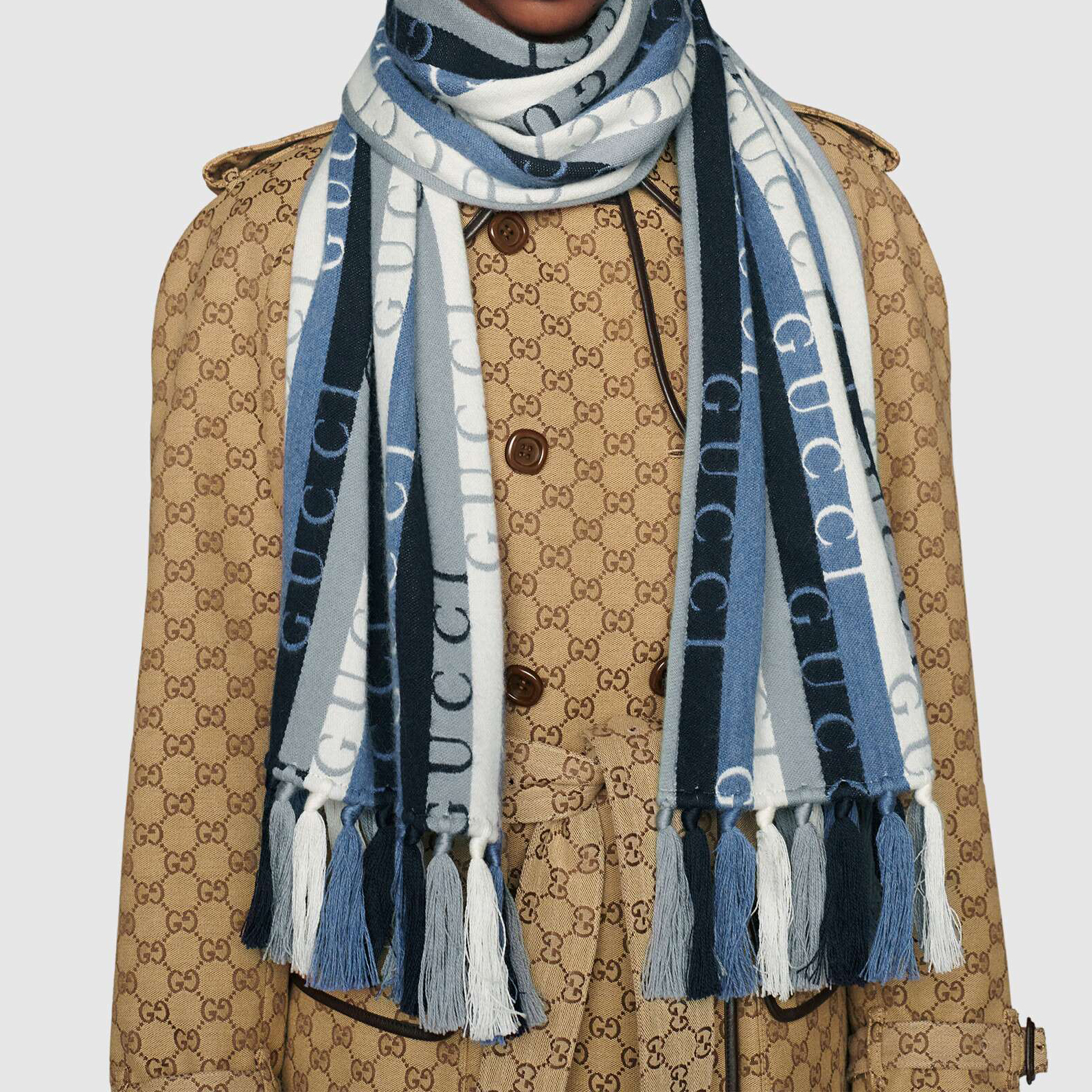 GUCCI Striped Fringed Wool Scarf Unisex Blue 634166-3GD91-4969 圖 4