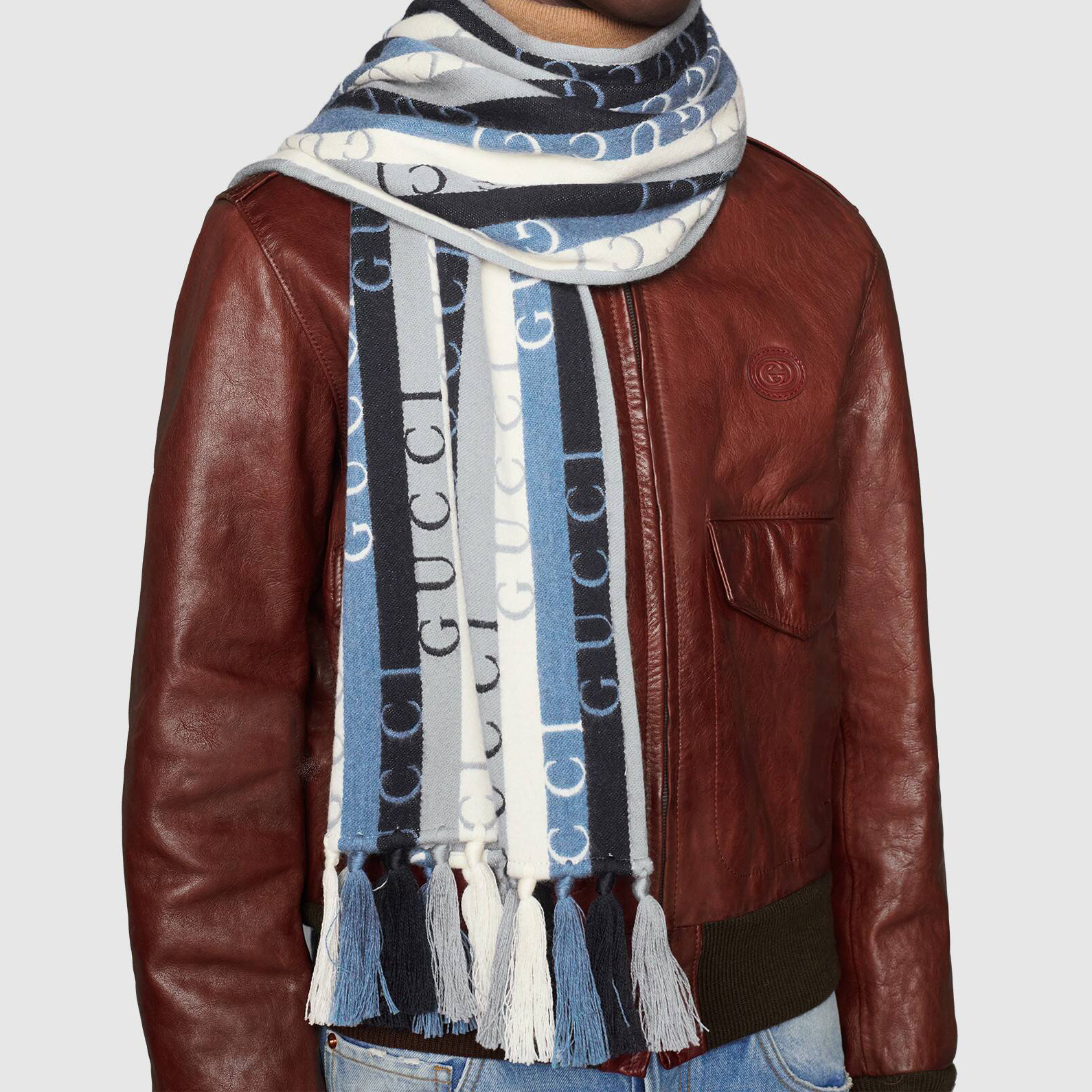 GUCCI Striped Fringed Wool Scarf Unisex Blue 634166-3GD91-4969 圖 5