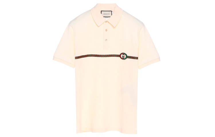 Gucci Striped Logo Embroidered Short Sleeve Polo Shirt Beige 598957-XJB0V-9247