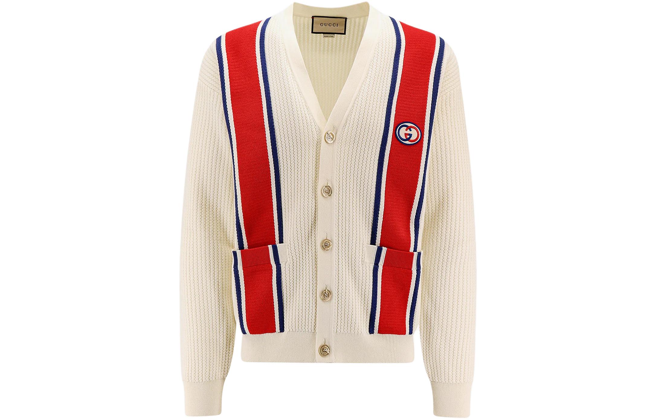 Gucci Striped V-Neck Geometric Knit Cardigan Sweater in Off-White 739962XKC9L9189