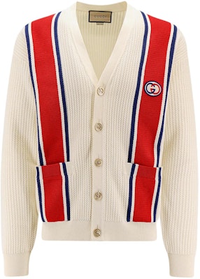 Gucci Striped V-Neck Geometric Knit Cardigan Sweater in Off-White 739962XKC9L9189 Buy Gucci Striped V-Neck Geometric Knit Cardigan Sweater in Off-White 739962XKC9L9189