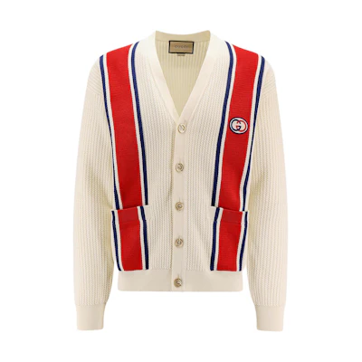 Gucci Striped V-Neck Geometric Knit Cardigan Sweater in Off-White 739962XKC9L9189