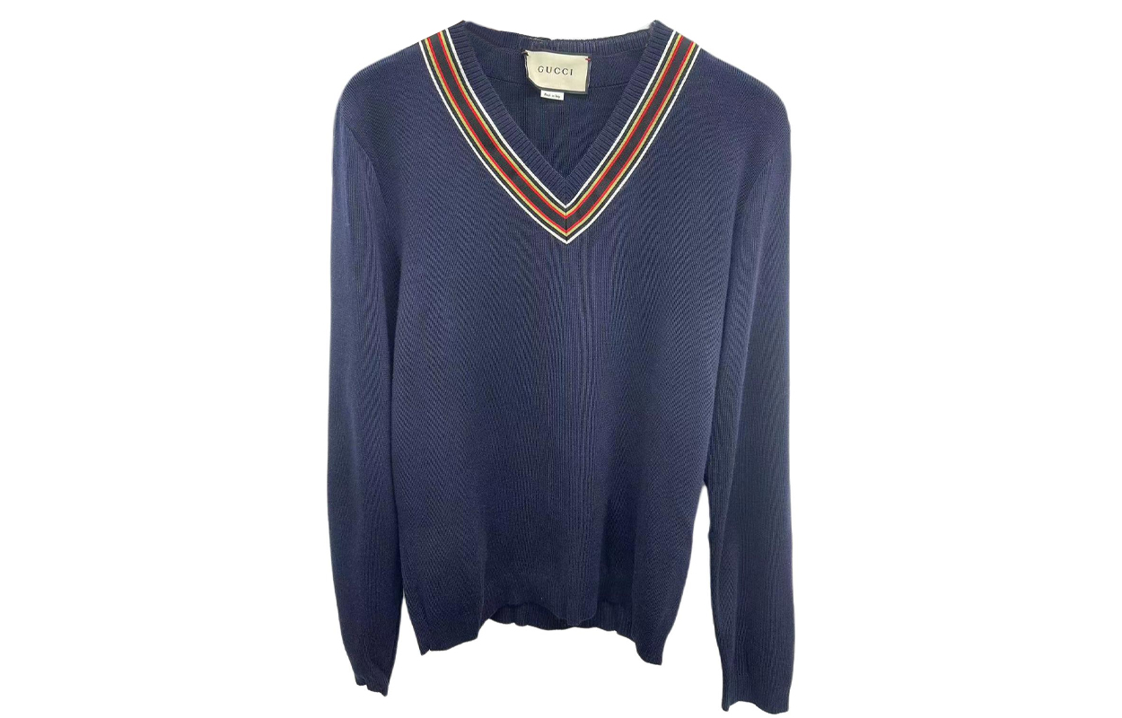 Gucci Striped V-Neck Pullover Sweater Casual Navy Blue 474328-X5T21-4190