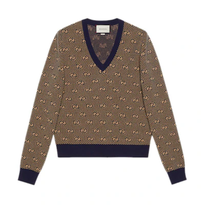 Gucci Striped Wool V-Neck Sweater Camel 626643-XKBFZ-4314