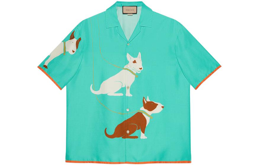 Gucci Teal Dog Print Casual Short Sleeve Shirt 740306-ZAM1I-4311