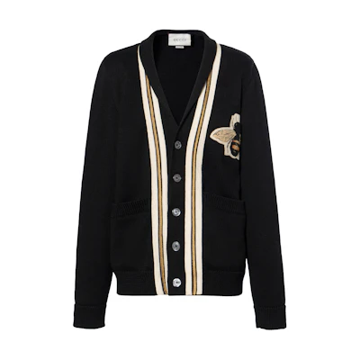 Gucci Unisex Black Wool Sweater with Bee Patch and Ribbon Trim 456883-X5H38-1082