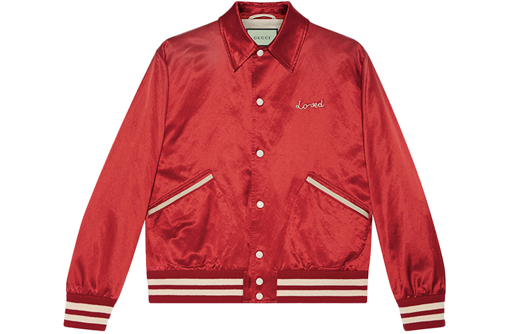 Gucci Valentine's FW21 Red Satin Jacket with Heart Apple Stripe Pattern Men 663647-ZAHCP-6429