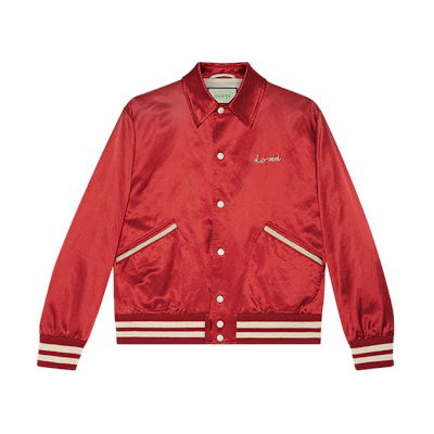 Gucci Valentine's FW21 Red Satin Jacket with Heart Apple Stripe Pattern Men 663647-ZAHCP-6429