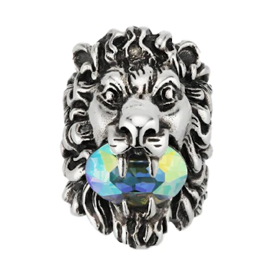GUCCI Vintage Web Ring in Palladium-Plated with Crystal Lion Head Unisex 402763-J3F42-8162