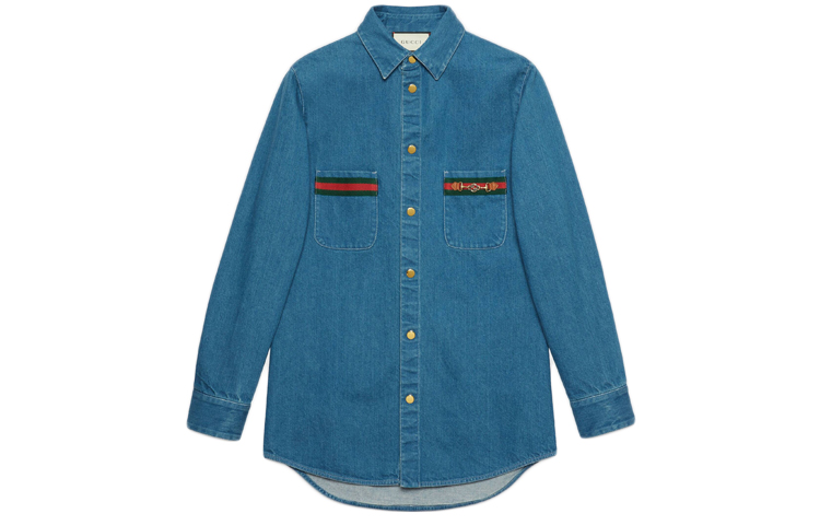 Gucci Washed Blue Long Sleeve Shirt with Web Detailing for Men 626480-XDBCG-4447