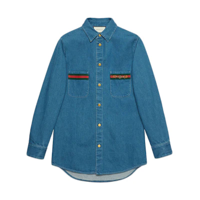 Gucci Washed Blue Long Sleeve Shirt with Web Detailing for Men 626480-XDBCG-4447