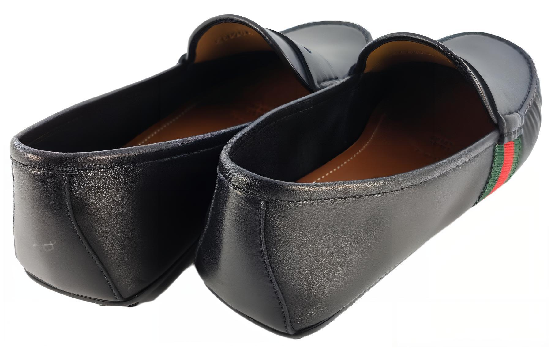 Shop グッチ ウェブ レザーローファー (黒) 566294-BTRE0-1060