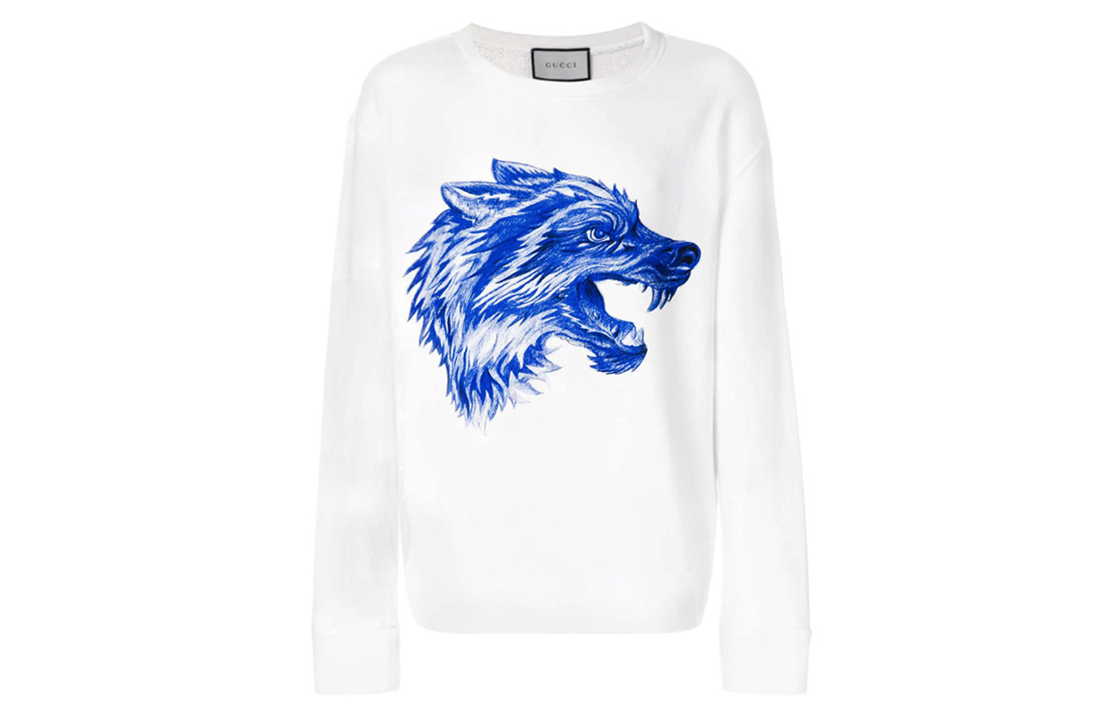 Gucci White Cotton Crewneck Sweatshirt with Wolf Print 497246-X3I41-9289